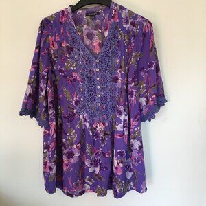 Roaman's Women's Plus Size14 W Floral Purple Y-Neck Pintuck Tunic